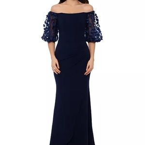 XSCAPE Off-The-Shoulder Floral-Sleeve Gown
